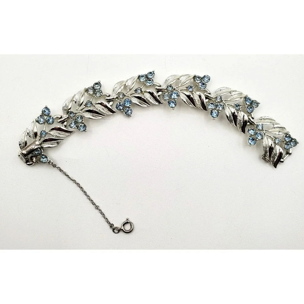 Vintage Coro Blue Rhinestone Bracelet Leaf Berry Safety Chain 7